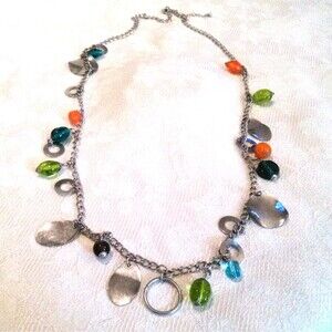 Silver Tone Multi Colored Beaded Long Chain Charm Necklace *